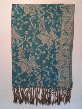 Pashmina Extra Large Teal and Cream Paisley/ Floral Silk & Cashmere Wrap Scarf